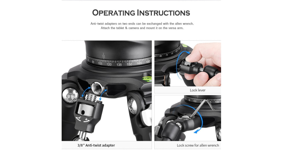 Leofoto AM-5 Kit Versa Magic Arm Heavy-Duty w/Anti-Twist Adapter, 1/4th Mounting Screws, Black, AM-5-KIT