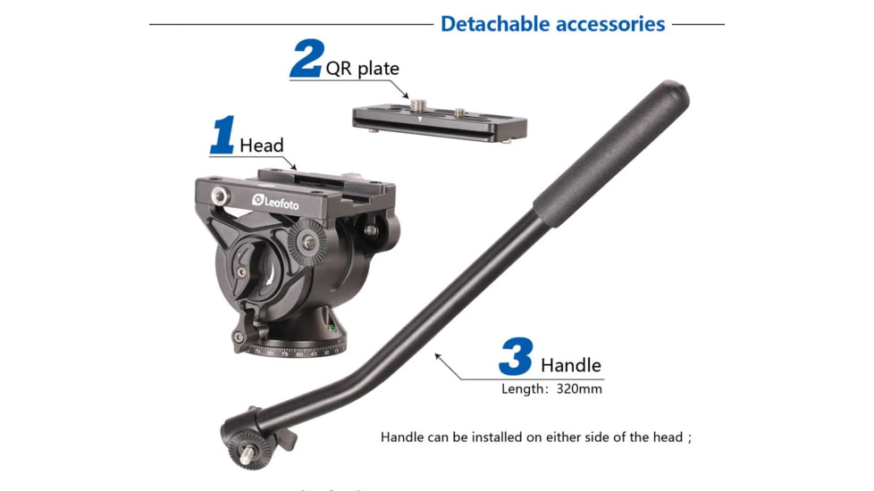 Leofoto BV-10 Fluid Head for Optics up to 11 lb w/Handle, Arca Compatible, Black, BV-10