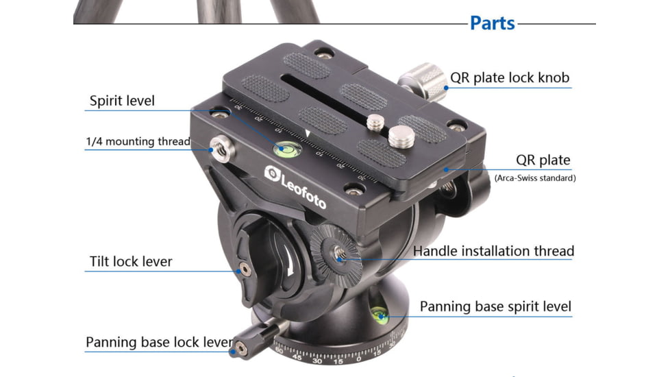 Leofoto BV-10 Fluid Head for Optics up to 11 lb w/Handle, Arca Compatible, Black, BV-10