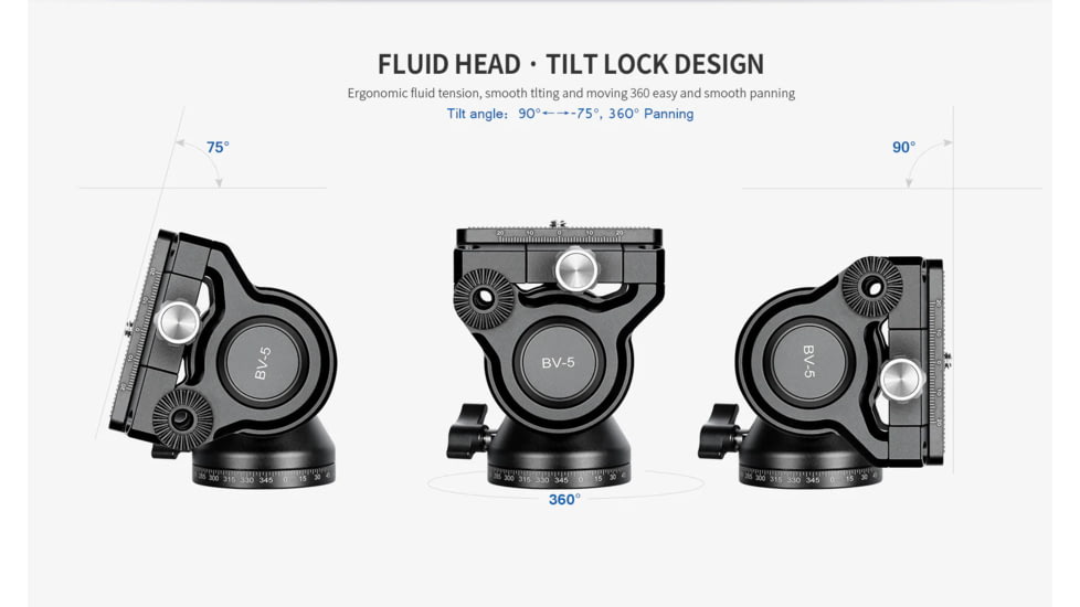 Leofoto BV-5 Mini Fluid Head for Optics w/ Standard Handle, Arca, Black, BV-5