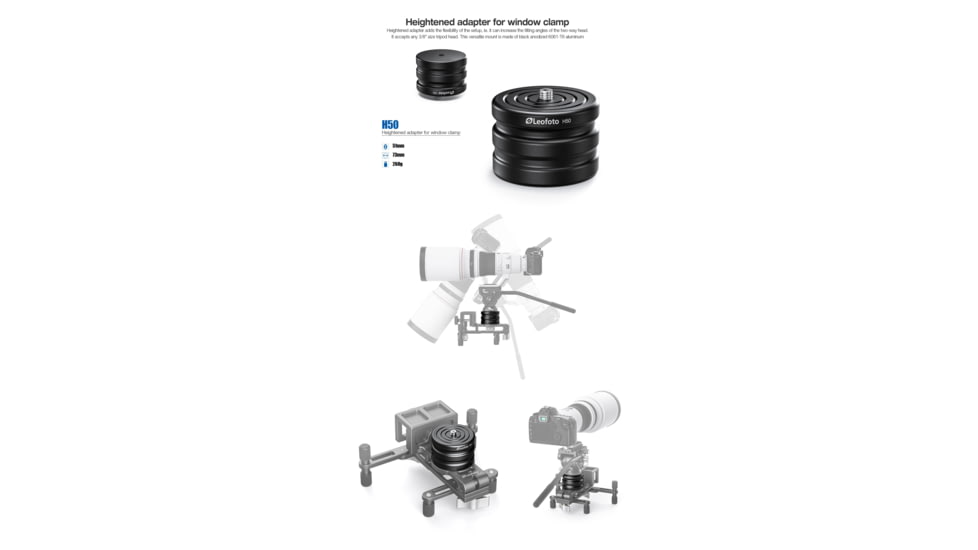 Leofoto H50 Extended Adapter for Window Clamp, Black, H50