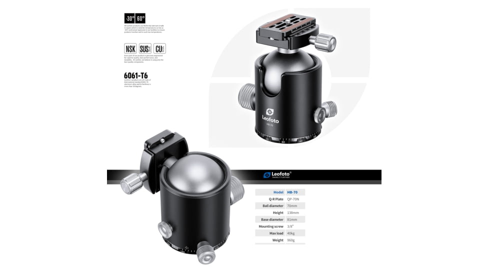 Leofoto HB-70 70mm Pro Heavy-Duty Ball Head w/Quick Release Plate &amp; Case, Black, HB-70