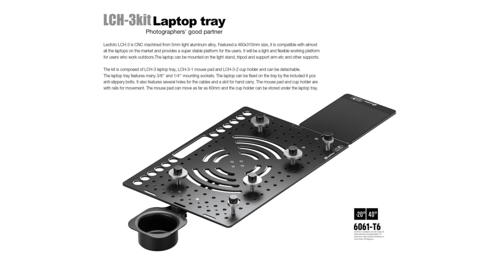 Leofoto LCH-3Kit Ultimate Laptop Tray Kit, 1/4 and 3/8, Black, LCH-3-Kit