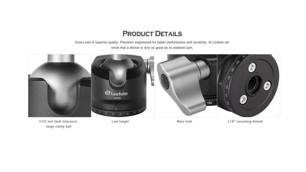 Leofoto LH-25LR Mini Ball Head w/ LR-50 Lever-Release Clamp, Arca, Black, LH-25LR