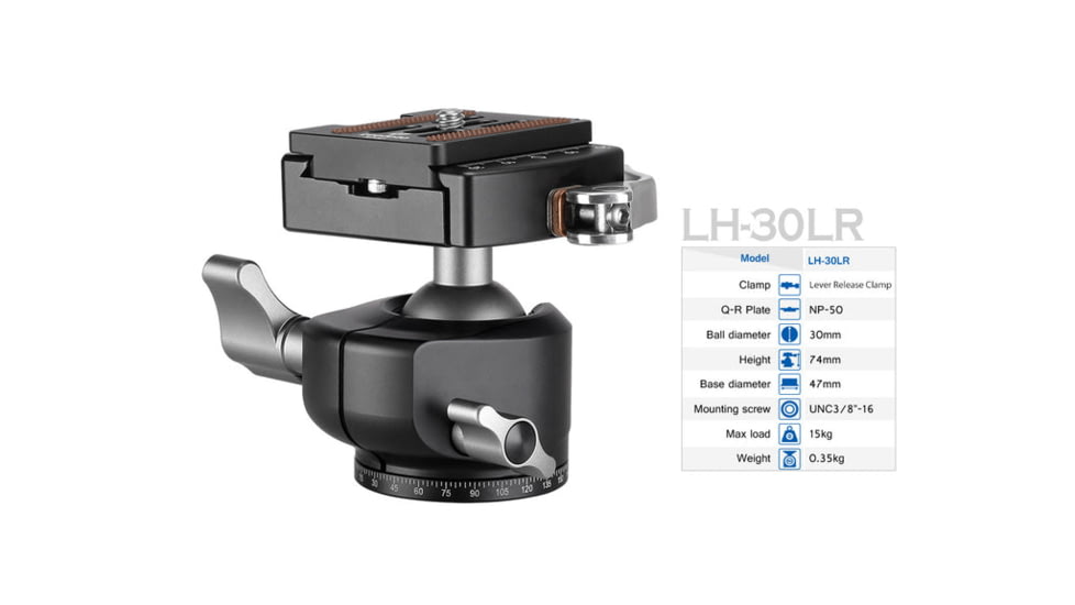 Leofoto LH-30LR Ball Head w/ LR-50 Lever-Release Clamp, Arca, Black, LH-30LR