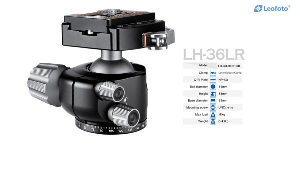 Leofoto LH-36LR Ball Head w/ LR-50 Lever Release Clamp, Arca, Black, LH-36LR
