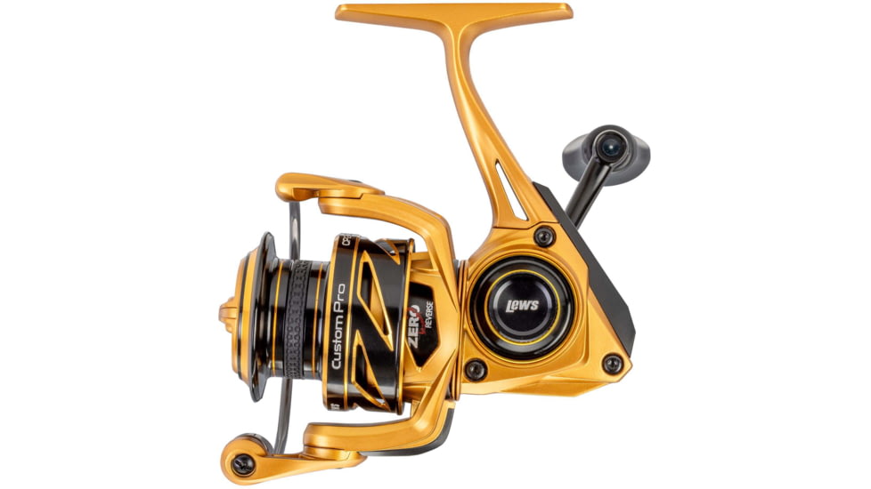 Lew’s Custom Pro 100 Spinning Reel, SZ 100 Reel, 10+1 Bearings, 5.2-1 Ratio, Aluminum Frame and Sideplate, Aluminum Speed Gears, Hybrid Carbon Drag, Reversible Retrieve, Gold/Black, CP100G2