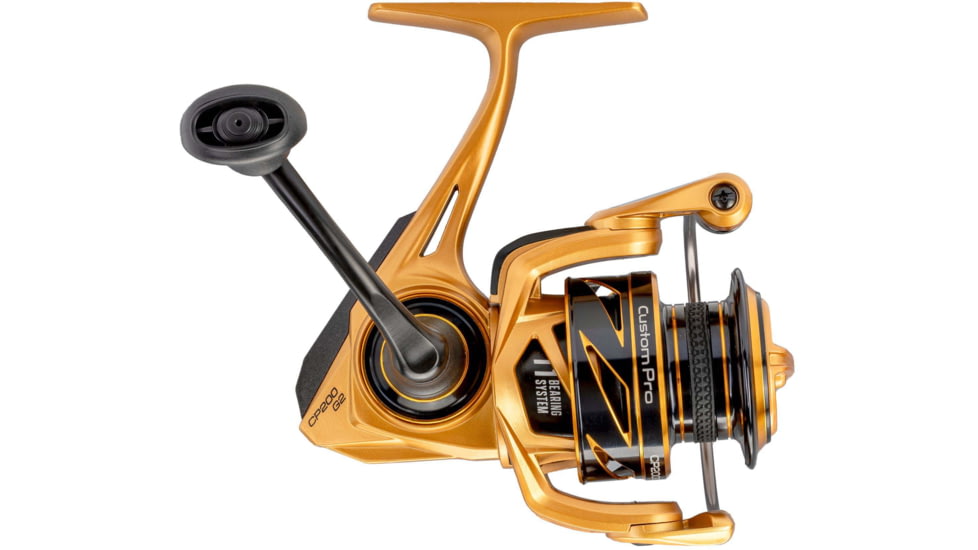 Lew’s Custom Pro 100 Spinning Reel, SZ 100 Reel, 10+1 Bearings, 5.2-1 Ratio, Aluminum Frame and Sideplate, Aluminum Speed Gears, Hybrid Carbon Drag, Reversible Retrieve, Gold/Black, CP100G2