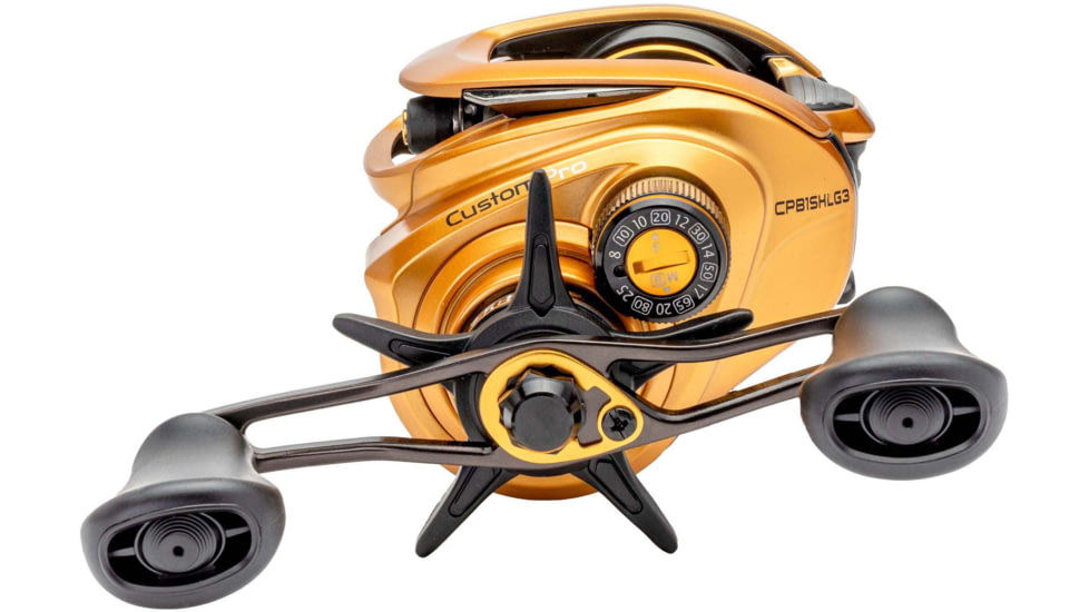 Lew’s Custom Pro Baitcast Reel, 10+1 Bearings, 7.5-1 Ratio, Aluminum Frame and Sideplate, ParaMag ITB Brake, Aluminum Speed Gears, Carbon Fiber Drag, LH Retrieve, Gold/Black, CPB1SHLG3