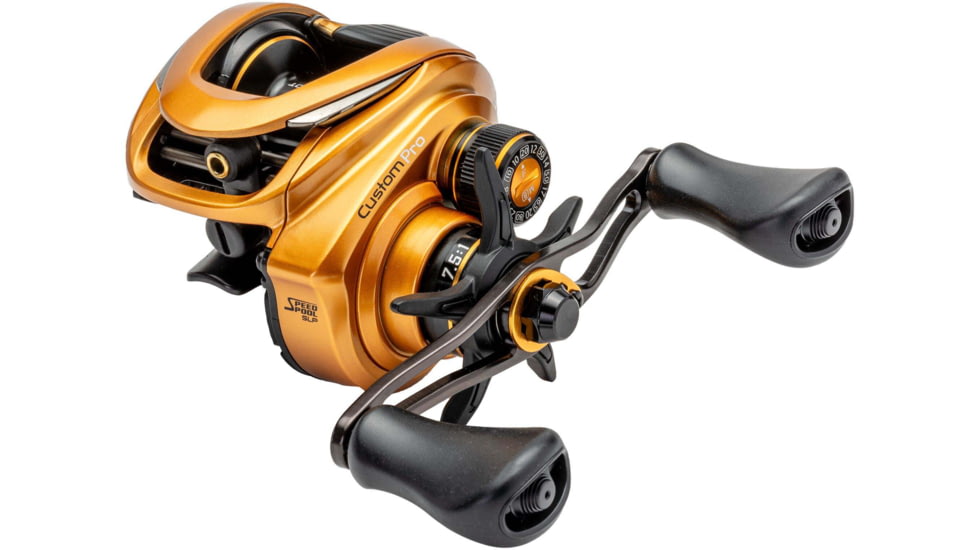Lew’s Custom Pro Baitcast Reel, 10+1 Bearings, 7.5-1 Ratio, Aluminum Frame and Sideplate, ParaMag ITB Brake, Aluminum Speed Gears, Carbon Fiber Drag, LH Retrieve, Gold/Black, CPB1SHLG3