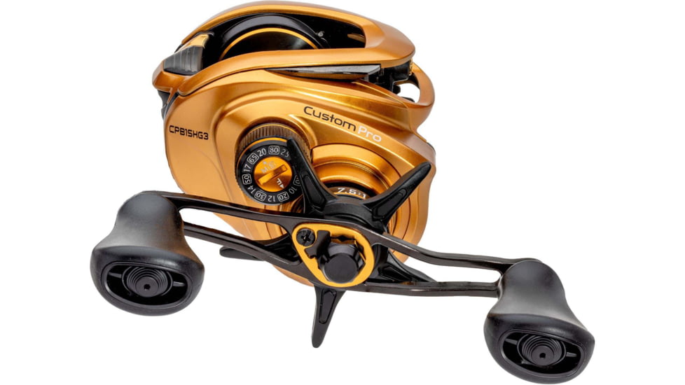 Lew’s Custom Pro Baitcast Reel, 10+1 Bearings, 7.5-1 Ratio, Aluminum Frame and Sideplate, ParaMag ITB Brake, Aluminum Speed Gears, Carbon Fiber Drag, RH Retrieve, Gold/Black, CPB1SHG3