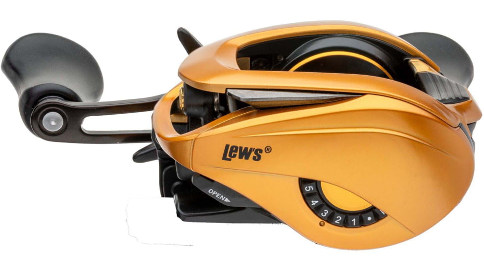 Lew’s Custom Pro Baitcast Reel, 10+1 Bearings, 7.5-1 Ratio, Aluminum Frame and Sideplate, ParaMag ITB Brake, Aluminum Speed Gears, Carbon Fiber Drag, RH Retrieve, Gold/Black, CPB1SHG3