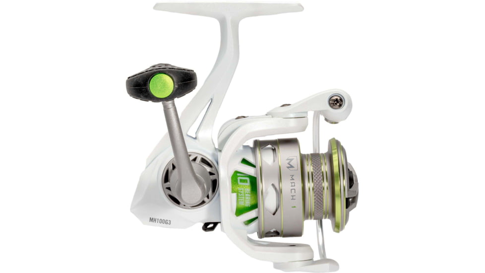 Lew’s MACH 1 Spinning Reel, SZ 100 Reel, 9+1 Bearings, 5.2-1 Ratio, Graphite Frame, Speed Gears, Speed Lube, Multi-Disc Drag, Reversible Retrieve, Metallic White/Gray/Green, MH100G3