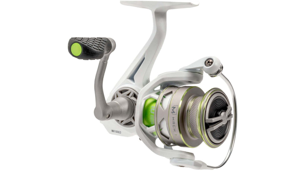Lew’s MACH 1 Spinning Reel, SZ 100 Reel, 9+1 Bearings, 5.2-1 Ratio, Graphite Frame, Speed Gears, Speed Lube, Multi-Disc Drag, Reversible Retrieve, Metallic White/Gray/Green, MH100G3