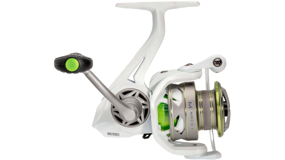 Lew’s MACH 1 Spinning Reel, SZ 200 Reel, 9+1 Bearings, 6.2-1 Ratio, Graphite Frame, Speed Gears, Speed Lube, Multi-Disc Drag, Metallic White/Gray/Green, Clam Pack, MH200G3