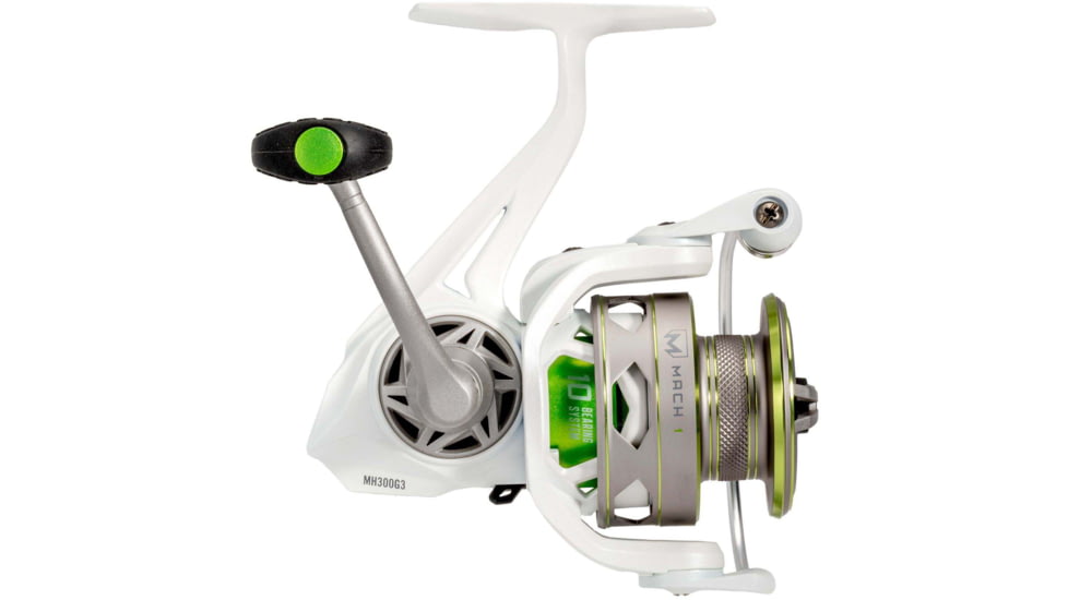 Lew’s MACH 1 Spinning Reel, SZ 300 Reel, 9+1 Bearings, 6.2-1 Ratio, Graphite Frame, Speed Gears, Speed Lube, Multi-Disc Drag, Metallic White/Gray/Green, Clam Pack, MH300G3