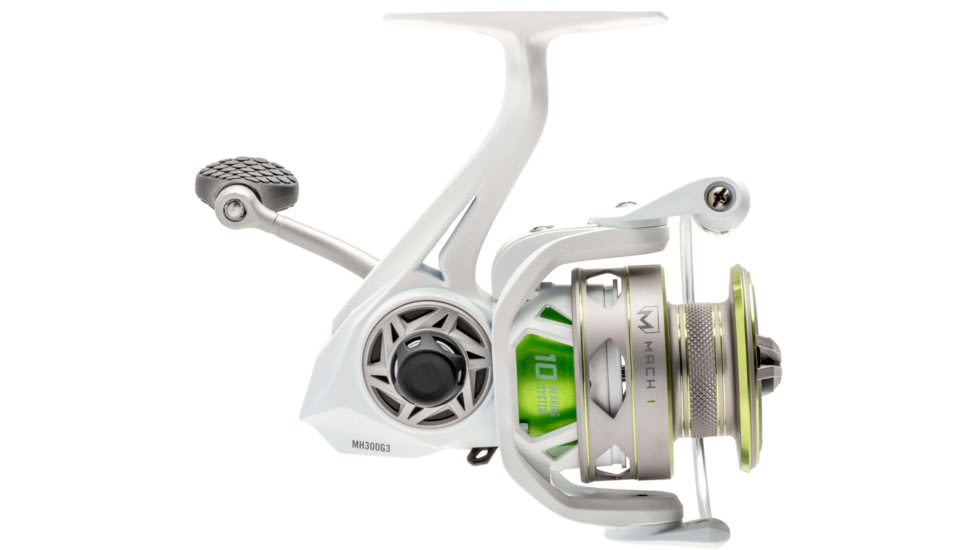 Lew’s MACH 1 Spinning Reel, SZ 300 Reel, 9+1 Bearings, 6.2-1 Ratio, Graphite Frame, Speed Gears, Speed Lube, Multi-Disc Drag, Metallic White/Gray/Green, Clam Pack, MH300G3
