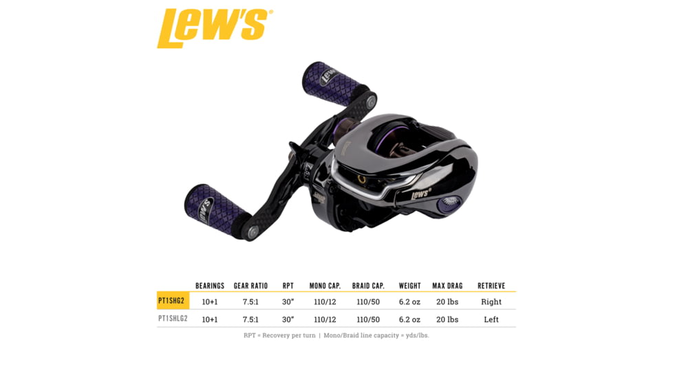 Team Lew’s Ti Baitcast Reel, RH Retrieve, 7.5-1 Ratio, 10+1 Bearings, PT1SHG2