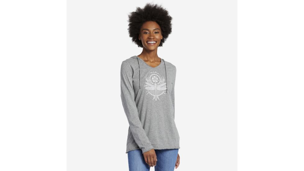 Life Is Good Hooded Smooth Tee Long Sleeve Primal Dragonfly T-Shirt - Womens, Heather Gray, Medium, 55340-M
