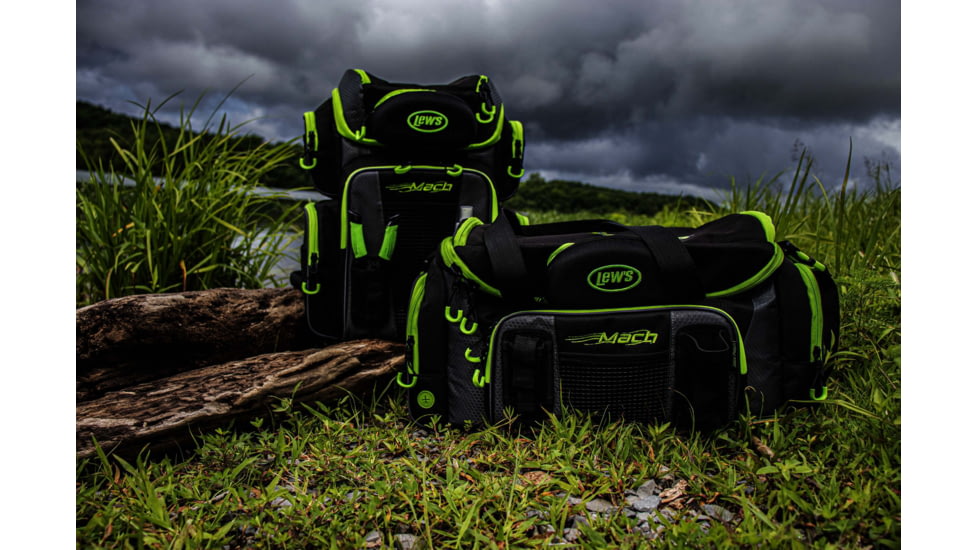 Lew’s MACH Tackle Bag, Rugged Build, 4 Compartments, 3 Pouches, 1 Utility Box, Black/Green, 2-Pack, LMTBA