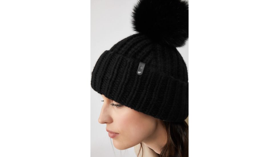 Mackage Doris Classic Knit Hat w/ Fox Fur Pompom - Womens, Black/Black, One Size, Doris-R-Black/Black