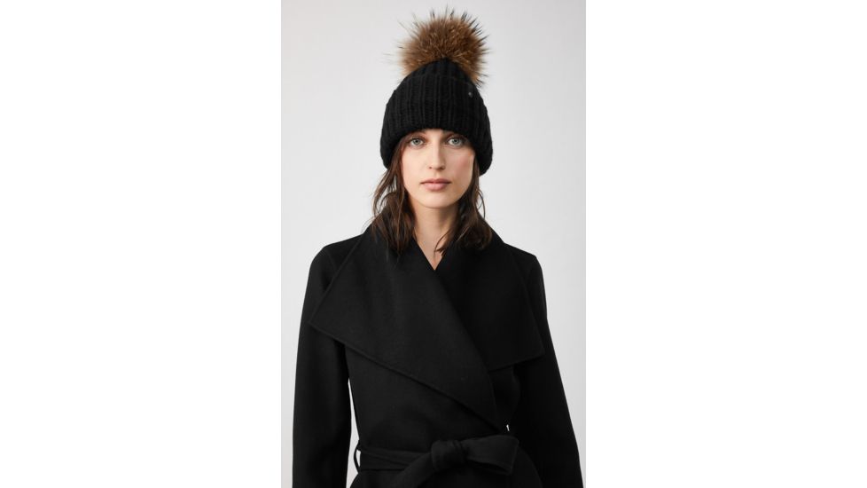 Mackage Doris Classic Knit Hat w/ Fox Fur Pompom - Womens, Black, One Size, Doris-R-Black