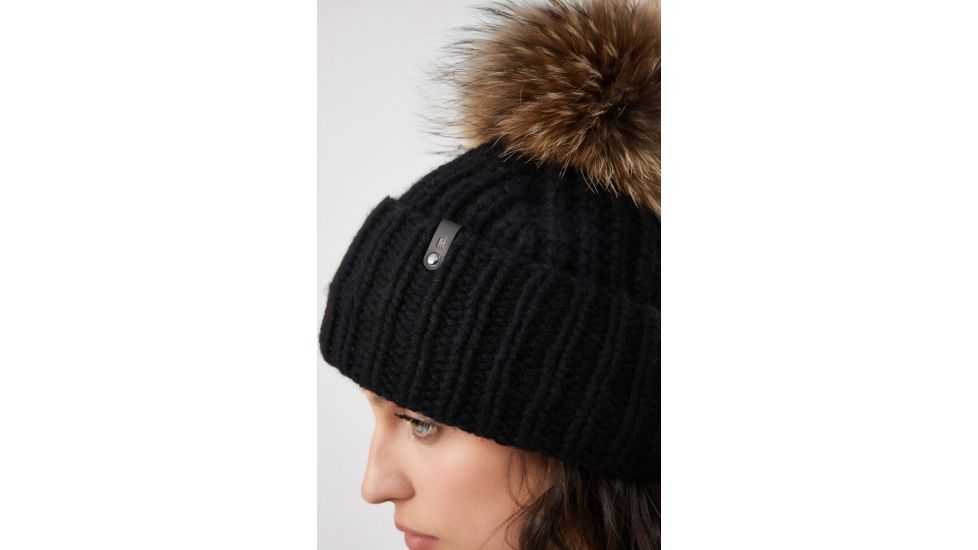 Mackage Doris Classic Knit Hat w/ Fox Fur Pompom - Womens, Black, One Size, Doris-R-Black