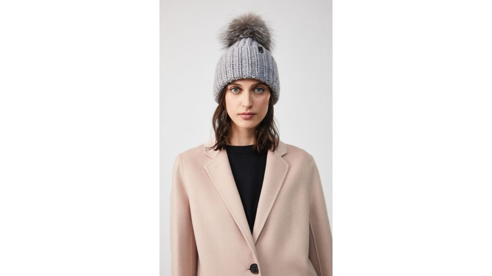 Mackage Doris Classic Knit Hat w/ Fox Fur Pompom - Womens, Grey, One Size, Doris-R-Grey