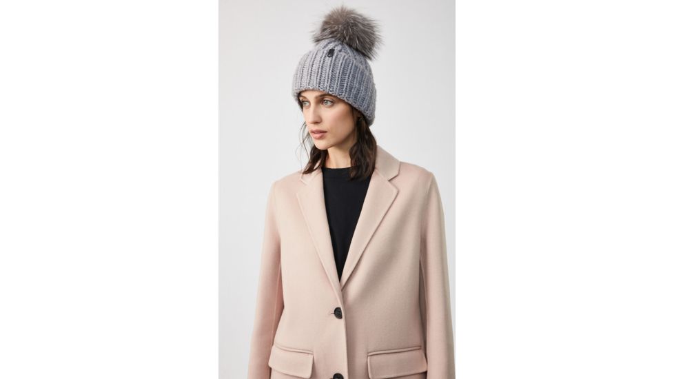 Mackage Doris Classic Knit Hat w/ Fox Fur Pompom - Womens, Grey, One Size, Doris-R-Grey
