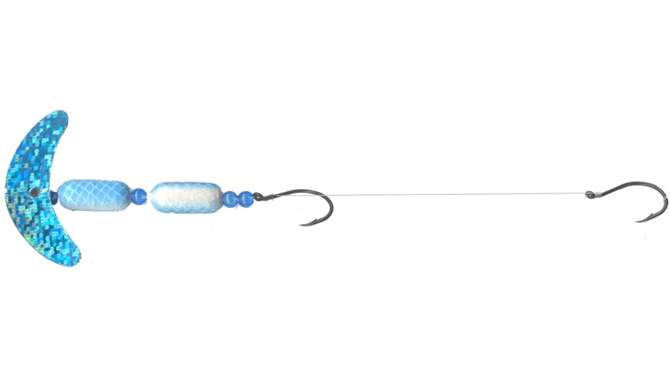 Macks Lure Cha Cha Crawler Rig, 2 Number 4 Hooks, 1.5in Blade, Blue Sprkl Smile Blade/Prl/Blue Scale Pill/Flo Blue Beads, Floating, 60057