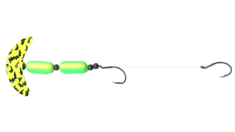 Macks Lure Cha Cha Crawler Rig, 2 Number 4 Hooks, 1.5in Blade, Chrt Blk Tiger Smile Blade/Chrt/Grn Scale Pill/Blk Beads, Floating, 60054