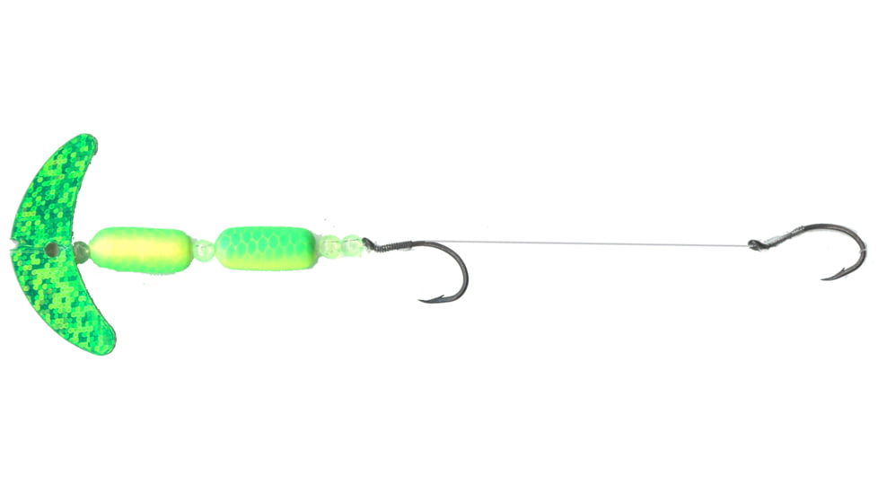 Macks Lure Cha Cha Crawler Rig, 2 Number 4 Hooks, 1.5in Blade, Grn Sprkl Smile Blade/Chrt/Grn Scale Pill/Flo Chrt Beads, Floating, 60056