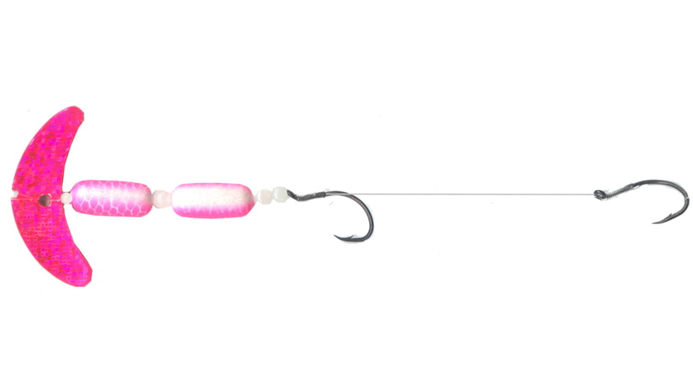 Macks Lure Cha Cha Crawler Rig, 2 Number 4 Hooks, 1.5in Blade, HotPink Sprkl Smile Blade/Prl/Pink Scale Pill/Glow Beads, Floating, 60050