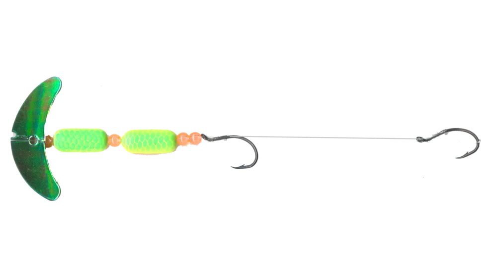 Macks Lure Cha Cha Crawler Rig, 2 Number 4 Hooks, 1.5in Blade, Motor Oil Smile Blade/Firetiger Pill/Flo Fire Org Beads, Floating, 60059