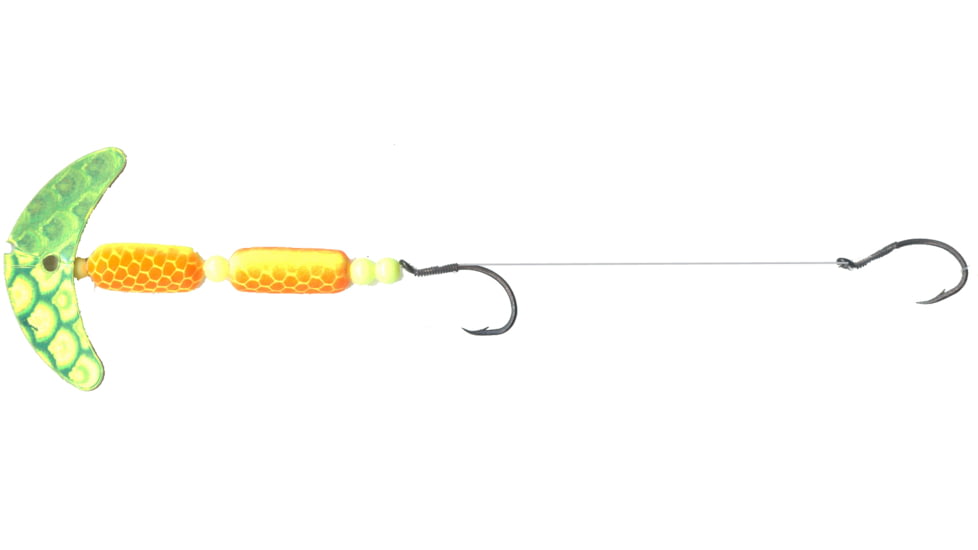 Macks Lure Cha Cha Crawler Rig, 2 Number 4 Hooks, 72Number Leader, 1.5in Blade, Che Scale Smile Blade/Chartreuse/Orange Scale Pill, Floating, 60055