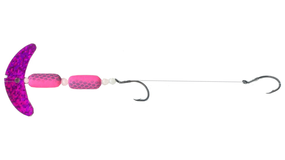 Macks Lure Cha Cha Crawler Rig, 2 Number 4 Hooks, 72Number Leader, 1.5in Blade, Dark Cerise Sparkle Smile Blade/Pink/Purple Scale Pill/Glow Beads, Floating, 60053