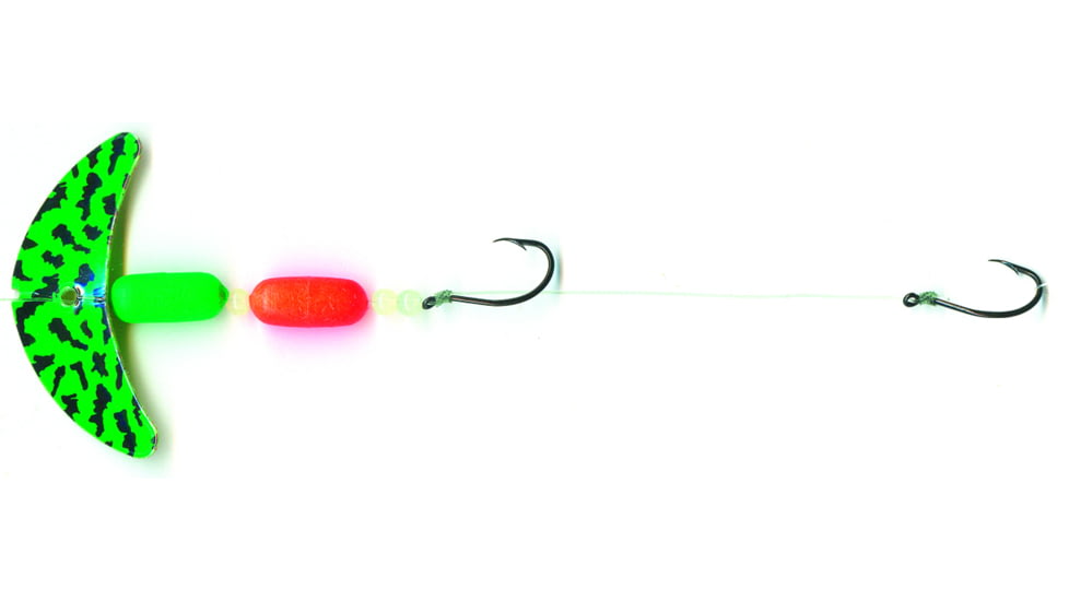 Macks Lure Cha Cha Crawler Rig, 2 Number 4 Hooks, 72Number Leader, 1.5in Blade, Grn Sparkle Smile Blade/Firetiger Pill/Black Beads, Floating, 60047