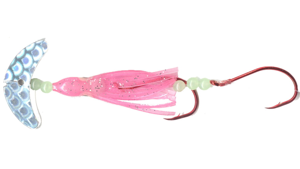 Macks Lure Cha Cha Sockeye Squidder rig, 2 2/0 Hooks, 1.5in, Silver Scale Smile Blade/Pink Shrimp Skirt/Glow Beads, 60012