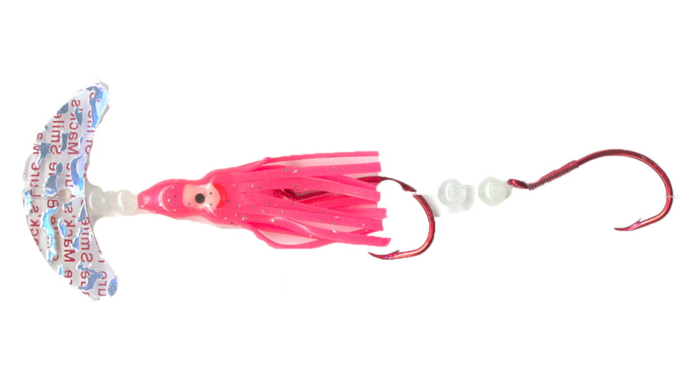 Macks Lure Cha Cha Sockeye Squidder rig, 2 2/0 Hooks, 1.5in, Trans Silver Tiger Smile Blade/Hot Pink Skirt/Glow Beads, 60014