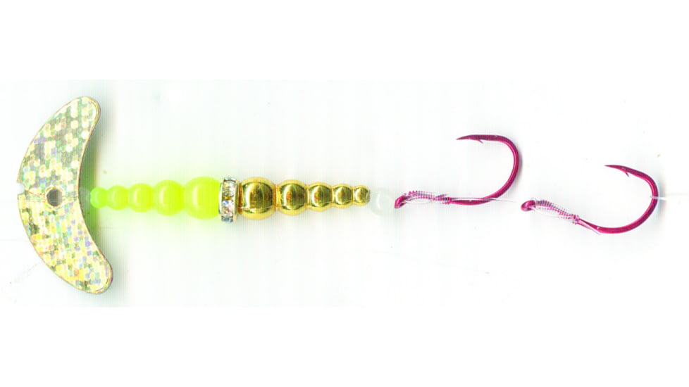 Macks Lure Double Whammy Kokanee Pro Spinner Rig, 2 Number 4 Hooks, 48in Leader, Gold Sparkle Smile Blade/Flo Chartreuse/Gold Bead, 22108