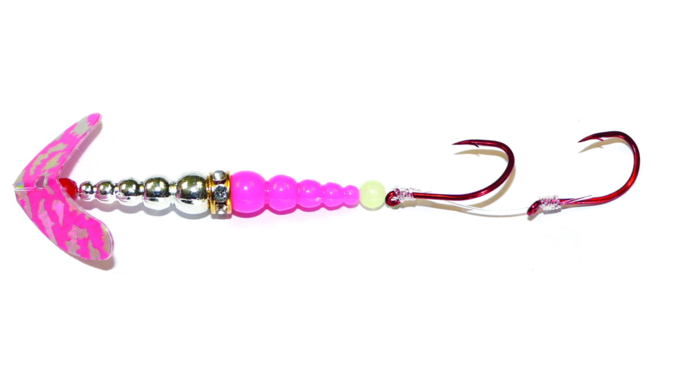 Macks Lure Double Whammy Kokanee Pro Spinner Rig, 2 Number 4 Hooks 48in Leader, HotPink Sil Tiger Smile Blade/Chrome/Hot Pink Bead, 22100