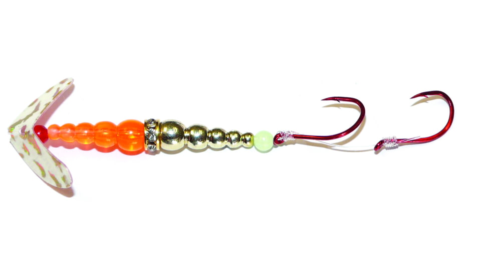 Macks Lure Double Whammy Kokanee Pro Spinner Rig, 2 Number 4 Hooks 48in Leader, Org Silver Tiger Smile Blade/Glow White/Flo OrgBead, 22105