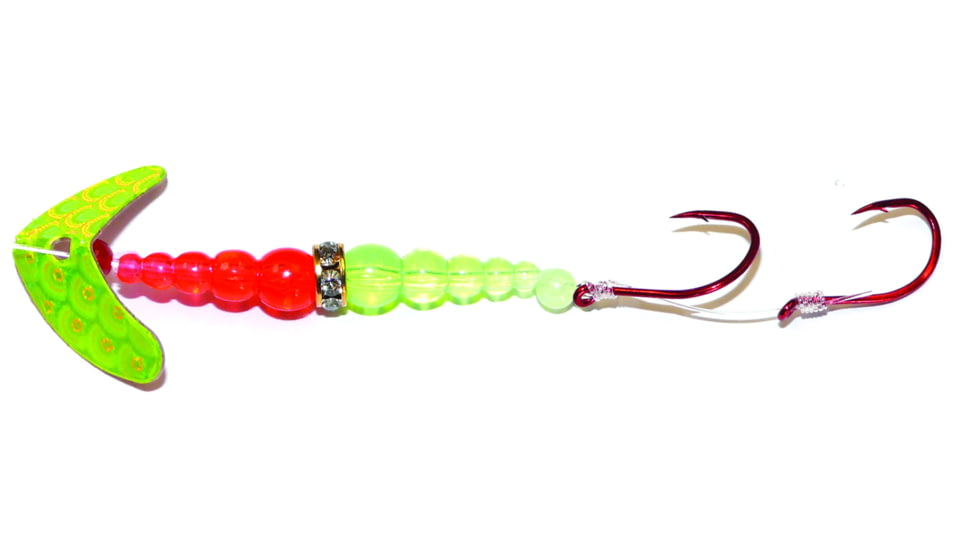 Macks Lure Double Whammy Kokanee Pro Spinner Rig, 2 Number 6 Hooks, 48in Leader, Chartreuse Scale Smile Blade/Flo Orange/Flo Chartreuse Bead, 22202
