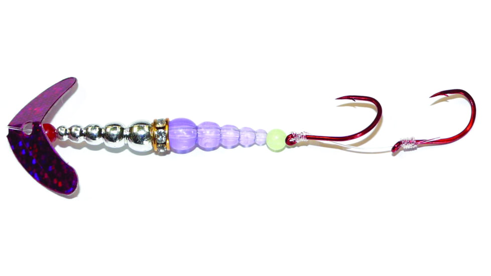 Macks Lure Double Whammy Kokanee Pro Spinner Rig, 2 Number 6 Hooks, 48in Leader, Dark Cerise Sparkle Smile Blade/Chrome/Flo Purple Bead, 22204
