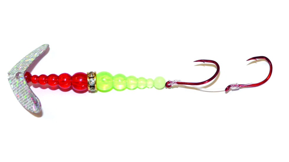 Macks Lure Double Whammy Kokanee Pro Spinner Rig, 2 Number 6 Hooks, 48in Leader, Silver Sparkle Smile Blade/Ruby/Flo Chartreuse Bead, 22203