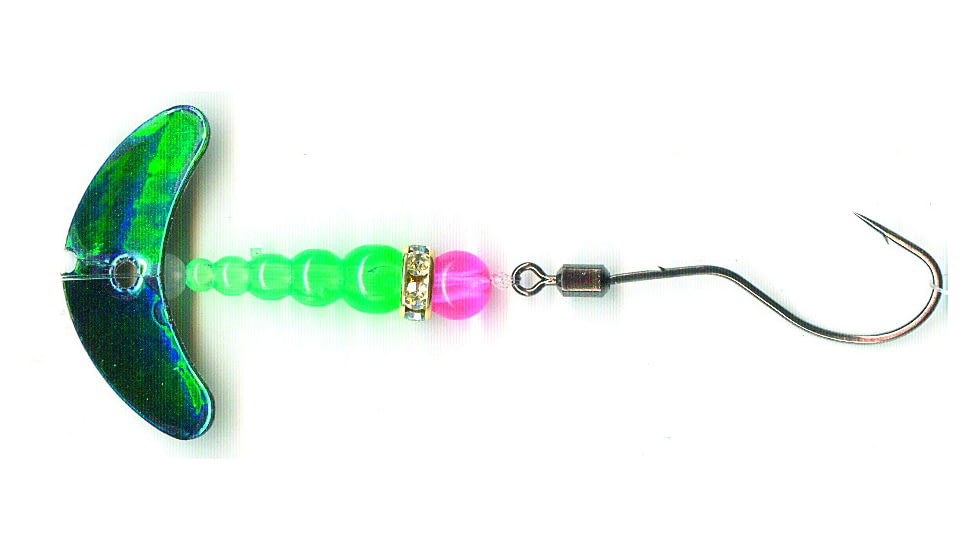 Macks Lure Smile Blade Spindrift Trout Spinner, Number 2 Hook 48in Leader, Motor Oil Smile Blade/Flo Green/Flo Pink Bead, 63403