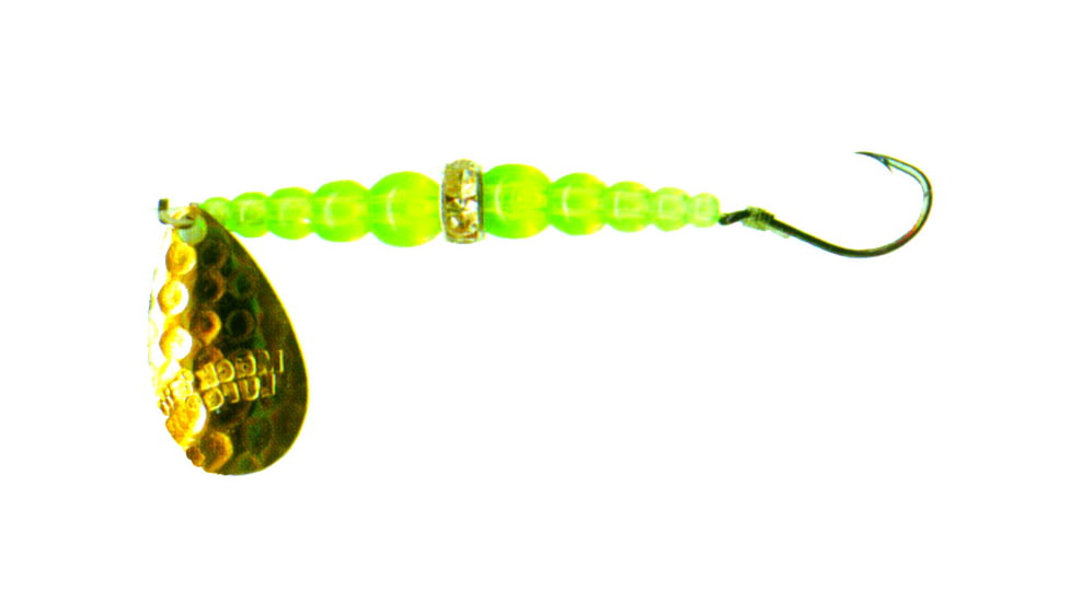 Macks Lure Wedding Ring Classic Original Spinner, Number 4 Hook 48in Leader, Hammered Brass Blade/Flo Chartreuse/Glow Bead, 9111