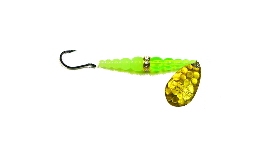 Macks Lure Wedding Ring Classic Original Spinner, Number 8 Hook 48in Leader, Hammered Brass Blade/Flo Chartreuse Bead, 9181