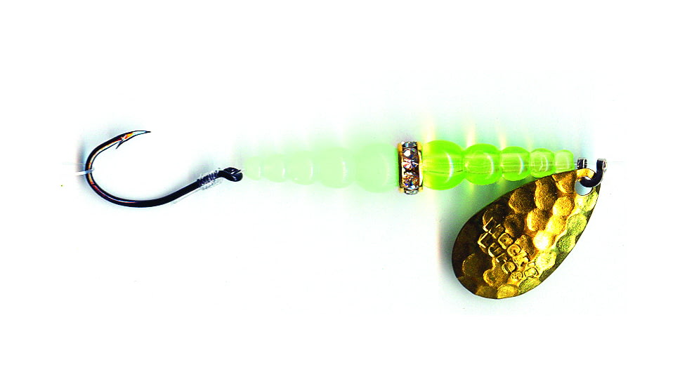 Macks Lure Wedding Ring Classic Original Spinner, Number 8 Hook 48in Leader, Hammered Brass Blade/Flo Chartreuse/Glow Bead, 9231