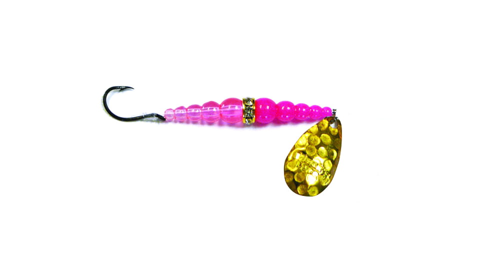 Macks Lure Wedding Ring Classic Original Spinner, Number 8 Hook 48in Leader, Hammered Brass Blade/Hot Pink/Flo Pink Bead, 9201
